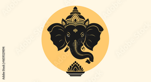 vector illustration of a decorative ornament Ganesha Head Icon: Black Silhouette in Yellow Circle

Abstract Ganesha Vector Art: Spiritual Lord Ganesh with Lotus

Minimalist Hindu God Logo: Modern Gane