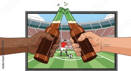 Two Friends Toasting Beer Bottles in Front of Soccer Game on Television Celebration of Team Success Friendship with Pixel Art