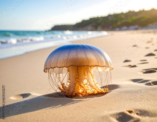 Jellyfish stranded on a beach at sunset