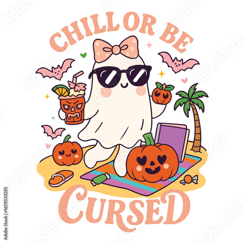 chill or be cursed - Haunted Tropical T-shirt Vector, Retro Gothic Halloween ClipArt, Summerween Sublimation, Ghost Halloween Beach Shirt, Spooky Halloween Summer Quote Shirt
