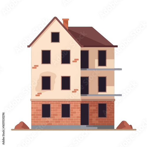 Three Story House Under Construction with Brick and Plaster Facade During Renovation and Improvement