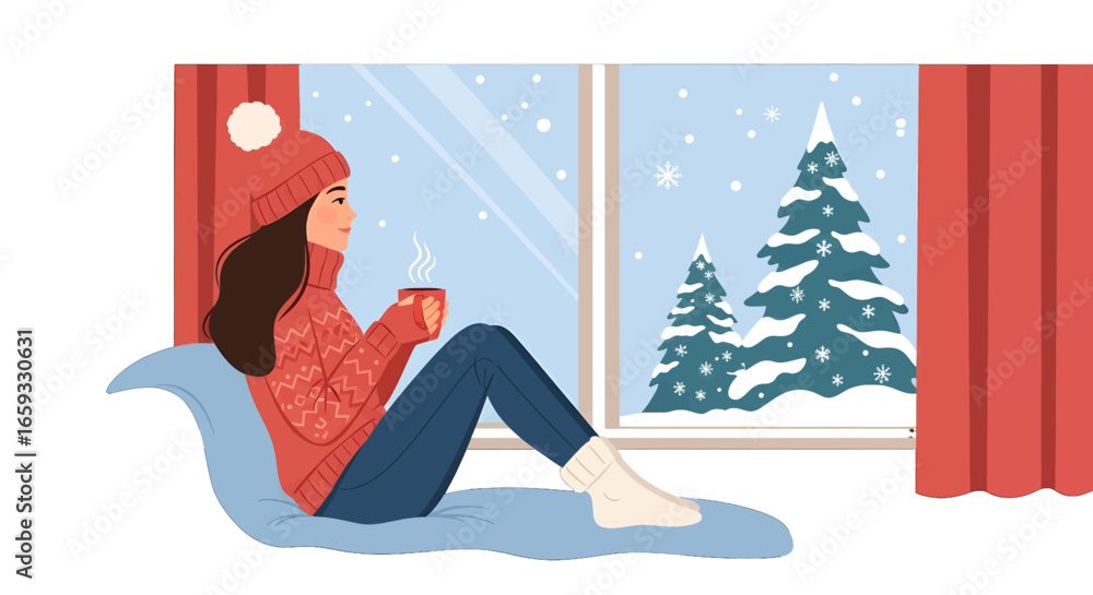 Obraz premium Woman Enjoying Snowy View From Window in Red Knitted Sweater and Beanie with Cup of Tea Relaxing on Couch During Winter Season