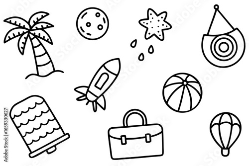 Summer vacation icons convey travel dreams and holiday fun, ideal for travel agencies and tropical resort promotions, features palm tree, beach ball, rocket, and shooting star
