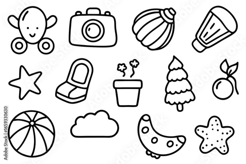 Adorable hand-drawn doodles of toys, nature, and childhood memories create a whimsical and nostalgic feel, perfect for playful designs and heartwarming projects originally as scalable vector graphic