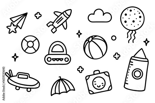 Delightful hand-drawn doodles of childhood dreams featuring rockets, airplanes, stars, and smiling suitcases, perfect for adding a touch of whimsy to any creative project, originally vector graphics