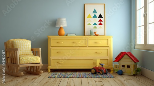 Yellow dresser and rocking chair in a child's room.