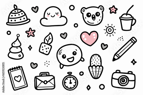 Playful doodle set perfect for branding projects, fun presentations, or adorable social media content, from a scalable vector graphic, offering endless creative possibilities