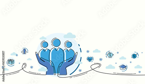 Employee benefits package and engagement concept. Employee health insurance ,paid vacation, financial perks, workplace perks. Incentive motivation for corporate company. Vector illustration template.