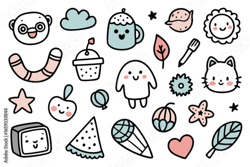 Whimsical doodle collection featuring charming characters and playful icons, perfect for adding a touch of lighthearted fun to any creative project, originally designed as vector art