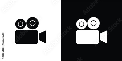 Camcorder Silhouette, White and Black Film Camera, Movie, Cinema Equipment Isolated