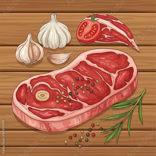 Vector illustration of vector art of raw beef steak with garlic, tomato, and rosemary on a wooden board
