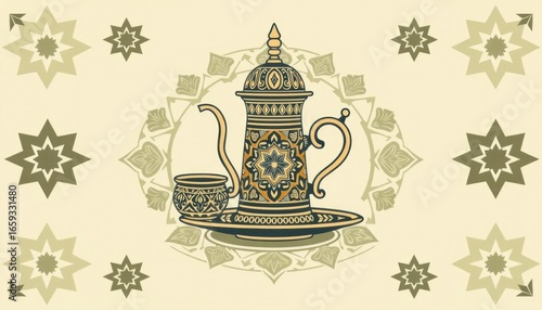 Intricate vector design showcasing a traditional coffee pot with cup and stars
