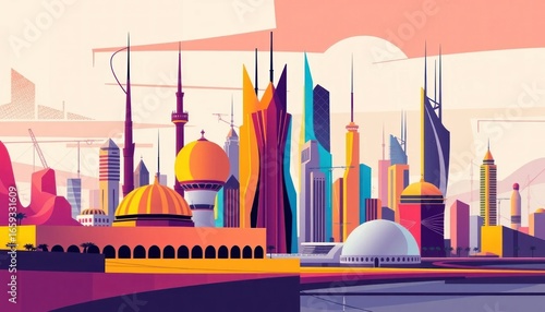 Vibrant cityscape with futuristic architecture and cultural landmarks