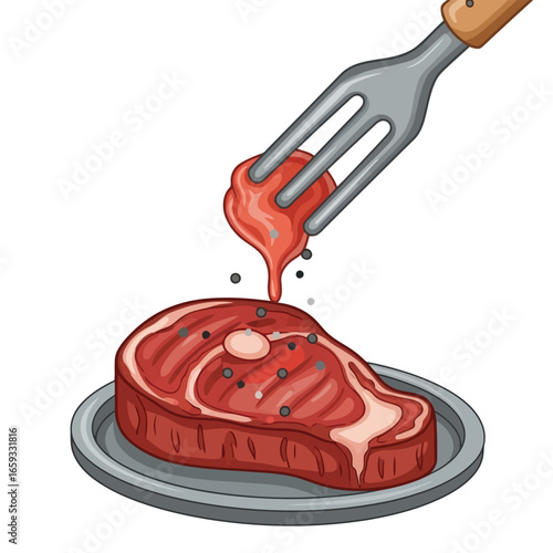 Vector illustration of vector art of grilled steak on a plate with a fork