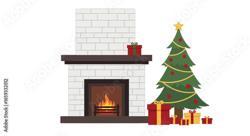 Festive Christmas Tree and Fireplace Scene with Presents and Warm Fire in a Cozy Room for Holiday Celebration