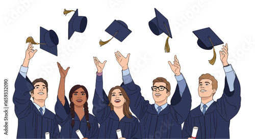 Group of Graduating Students Tossing Graduation Caps in Pixel Art Style Celebrating Success and Academic Achievement in a Joyful and Cheerful Cartoon