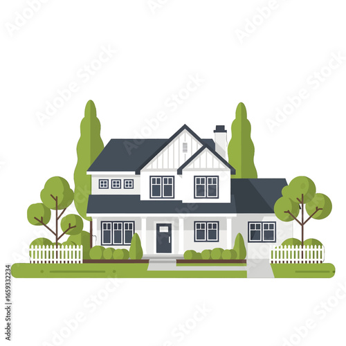 Detailed Home Illustration of White House with Black Roof Green Lawn Trees and White Fence in a Sunny Day