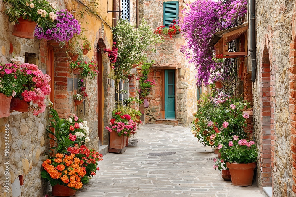 Naklejka premium tiny European alley filled with colorful flowers