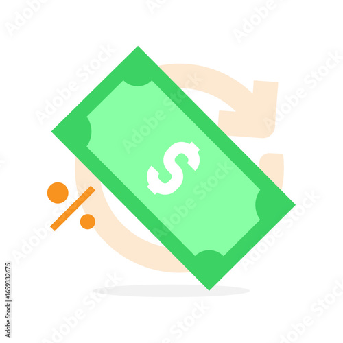 illustration of cashback concept with money, circular arrow, percentage symbol. Finance refund, discount promotion, money back guarantee, rebate, saving icon for business and marketing design
