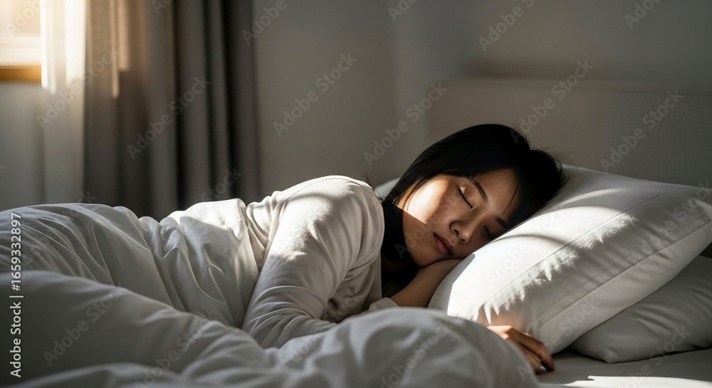 Fototapeta premium Young Woman Sleeping in Cozy Bed with Natural Daylight - Lifestyle Concept