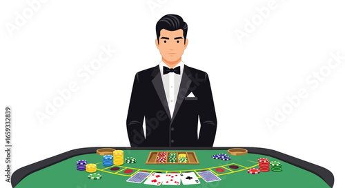 Pixel Art Illustration of Casino Dealer in Tuxedo at Green Table with Cards and Chips Under Bright Light