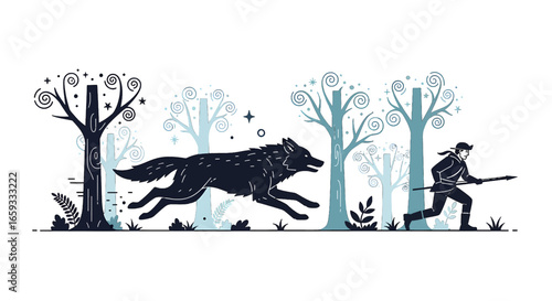 Pixel Art Illustration of a Wolf Chasing a Man Through a Winter Forest With Bare Trees Against a White Background
