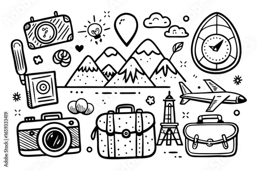 Travel and adventure doodles of iconic landmarks, cameras, suitcases, and airplane, inspiring wanderlust and vacation ideas with mountains and compass