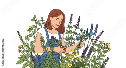 Woman Harvesting Lavender and Herbs in a Lush Garden with White Background in Broad Daylight Wearing Casual Clothes