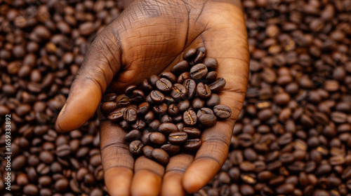 Handful of coffee beans in black childs hand. Hard child labor harvesting. Close-up. Top view.