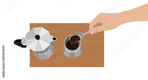 Preparing Moka Pot Coffee with Spoon on Wooden Board Pixel Art Style Still Life Top View