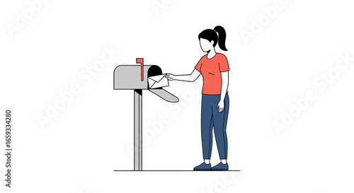 Pixelated Woman Retrieving Mail From Gray Mailbox on White Background Wearing a Red Shirt and Blue Jeans Illustration Style