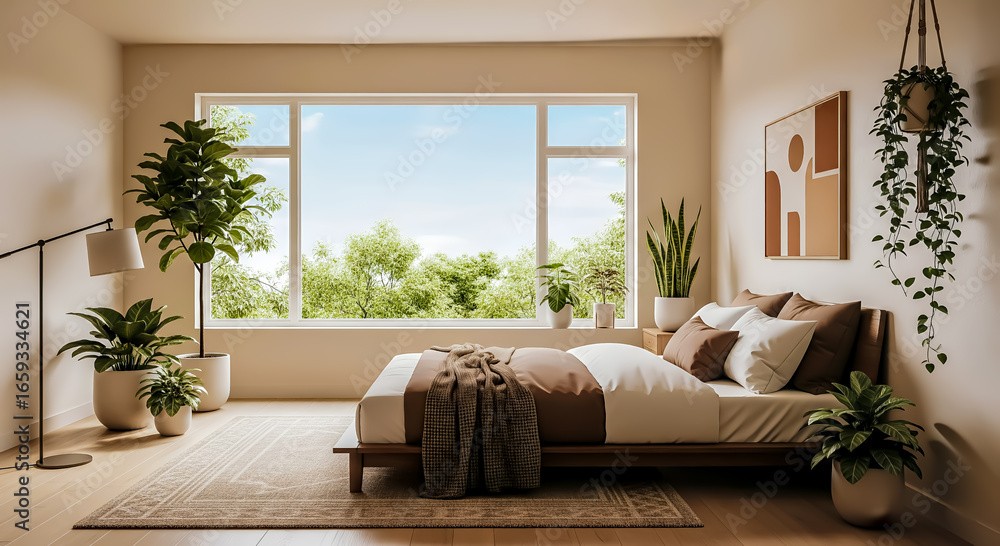 Fototapeta premium Modern minimalist bedroom in soft earthy brown tones, calm and cozy with indoor plants, natural light, metal lamp, and wide window revealing fresh garden under clear blue sky. 