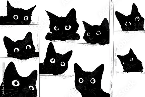 Halloween illustration set of cute black cats with big eyes and silhouettes