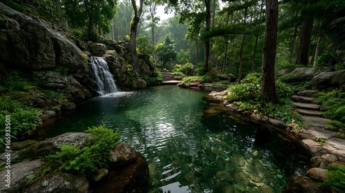 Lush forest waterfall cascading into calm pool high resolution wallpaper