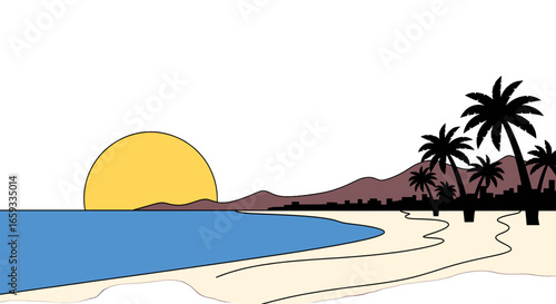 Yellow Sunset over Blue Sea with Palm Trees and Tan Sandy Beach Coastal View