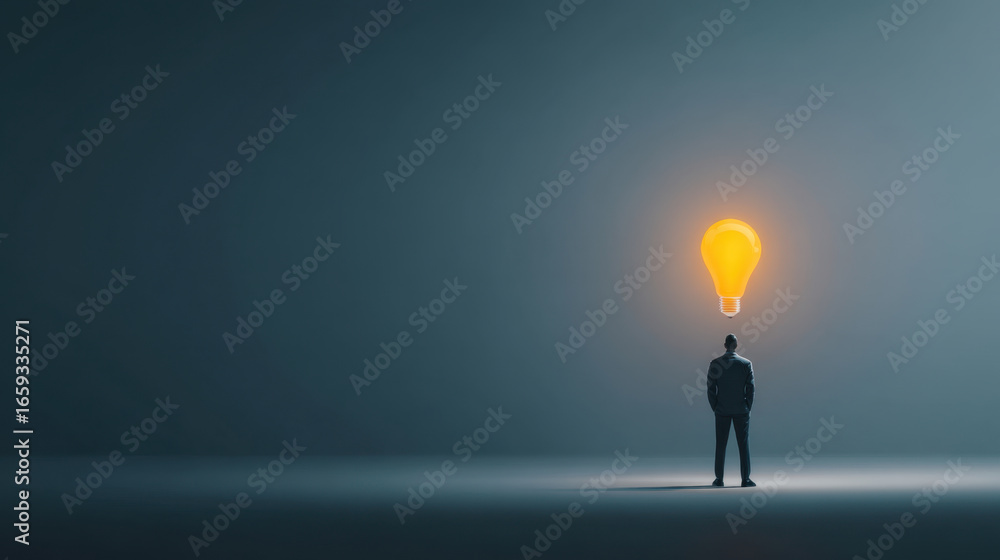 Obraz premium Person stands in dimly lit space, gazing at glowing light bulb above, symbolizing inspiration and creativity. scene evokes sense of contemplation and innovation