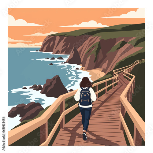 Female Backpacker Walking on Wooden Path Along Coastal Trail with Ocean Views Under Orange Sunset Sky