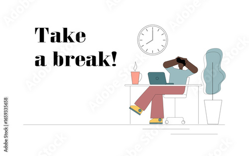 Take a break. A man sits at a table and rests after completing his work..eps