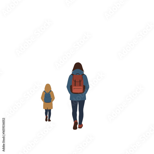 Two People with Backpacks Walking on Snow Minimalist Pixelated Style Illustration Featuring a Child in Winter Clothing