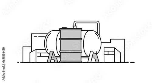 Monochrome Illustration of Industrial Plant with Storage Tanks and Pipelines for Fuel Gas and Oil in Black and White Outlines