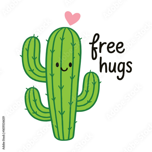 Cute Cartoon Cactus with Heart and “Free Hugs” Quote — Funny Vector Illustration