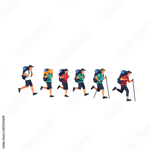 Group of People Running with Backpacks in Pixel Art Style Colorful Outfits and Accessories Against White Background