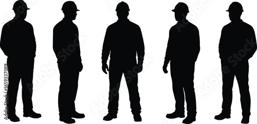 Construction worker silhouette vector set, builder in safety helmet, standing pose illustration, black contractor icon, industrial labor workforce image, engineering team design graphic