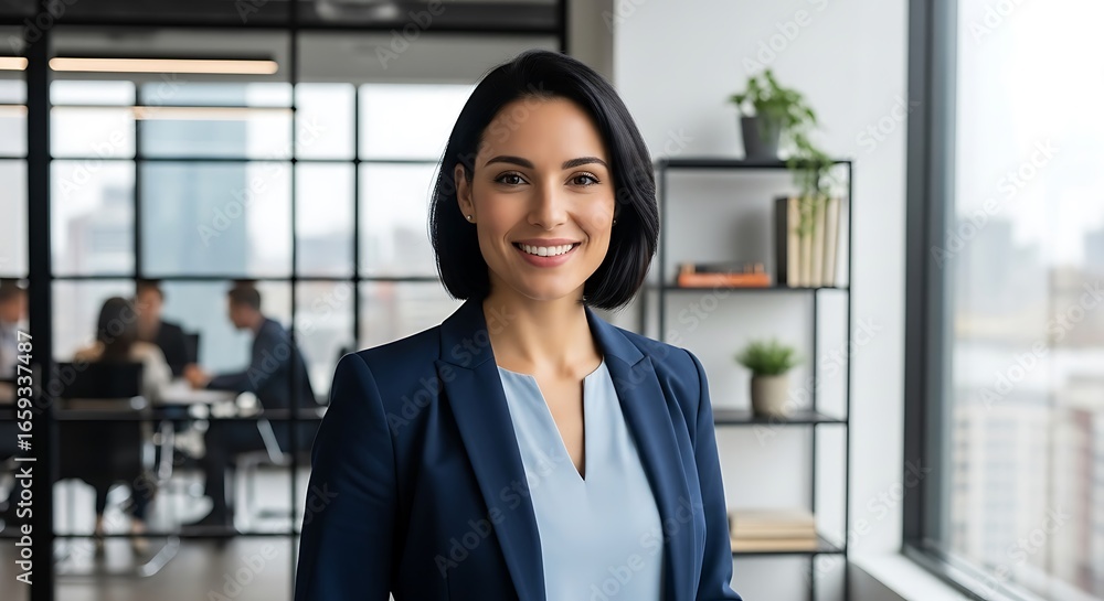 Fototapeta premium Illustration of a smiling businesswoman in a blue suit stands confidently in a modern office setting