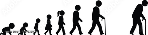 Human life cycle silhouette stages, from crawling baby to old age, child growth development concept, generational aging process, evolution of human aging journey