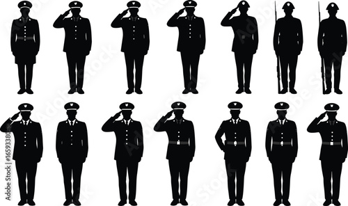 Military officer silhouette collection, saluting soldier vector set, army personnel uniform poses, standing attention salute gesture icons, armed forces illustration black design