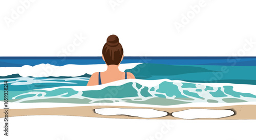 Rear View of a Woman in a Blue Swimsuit in the Ocean with Turquoise Waves Pixel Art Style