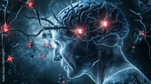 sophisticated medical illustration showing affected brain neurons, energy patterns traced in luminous detail, delicate elderly profile ghosted into composition, high contrast visualization of