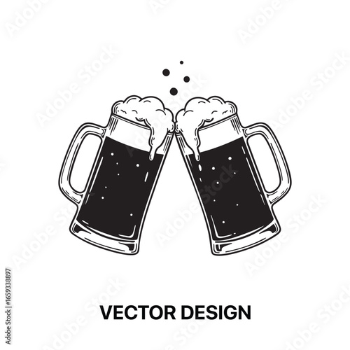 Two beer mugs clinking together silhouette isolated on white background