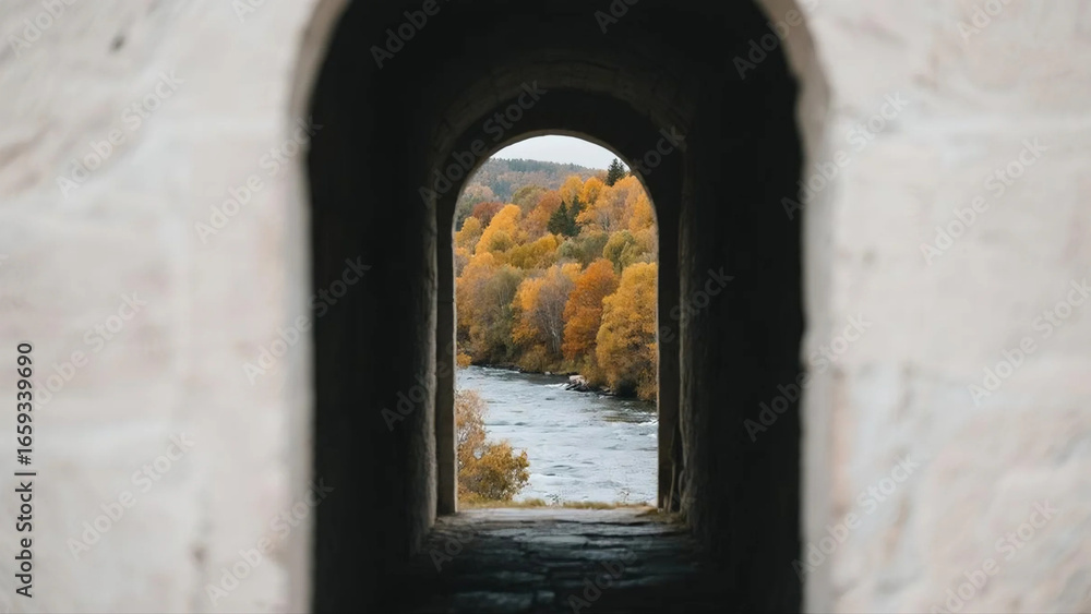 Fototapeta premium Autumn River Landscape Viewed Through a Dark Archway